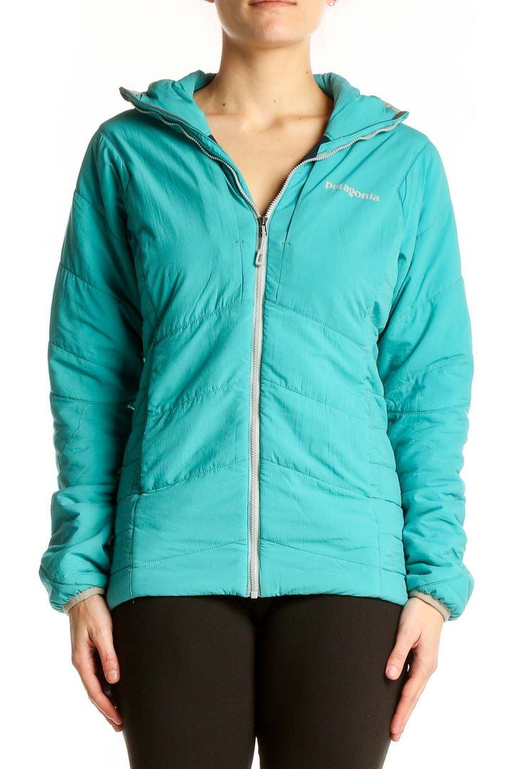 Front view of teal Patagonia hooded insulated jacket