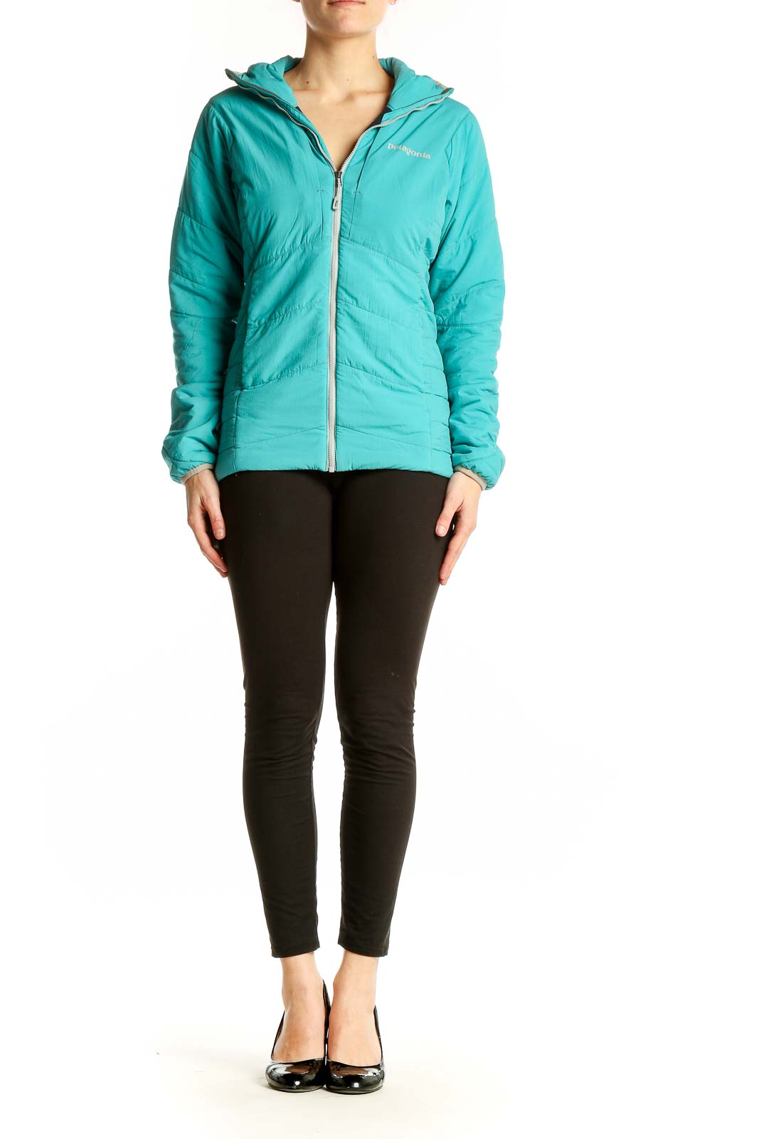 Front view of teal Patagonia hooded insulated jacket