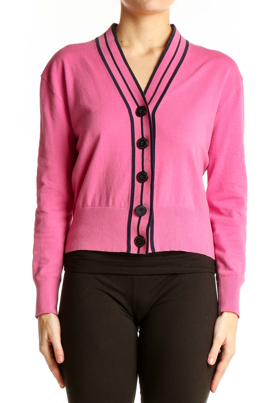 Front view of J.Crew pink cardigan with black striped trim and buttons