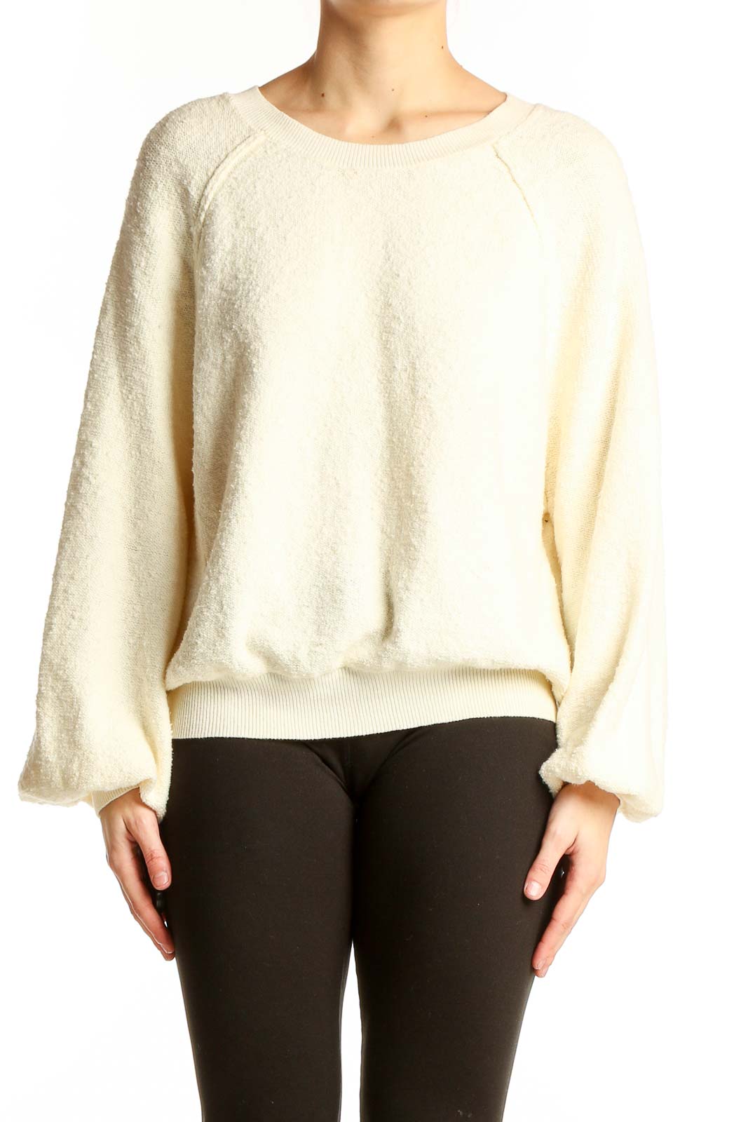 Front view of cream textured balloon sleeve sweater by Black Tape