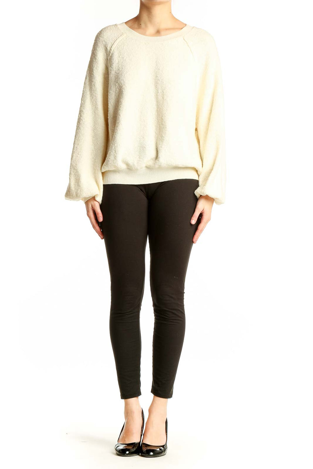 Front view of cream textured balloon sleeve sweater by Black Tape