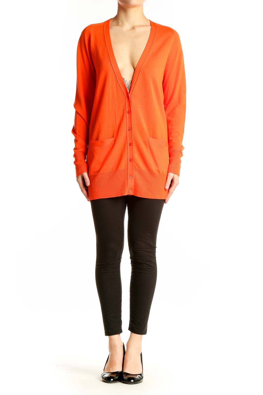 Front view of orange J.Crew Merino wool cardigan with V-neck and button closure