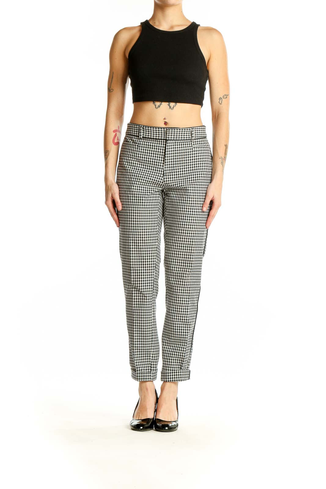 Front view of Banana Republic Black and White Gingham Check Trousers