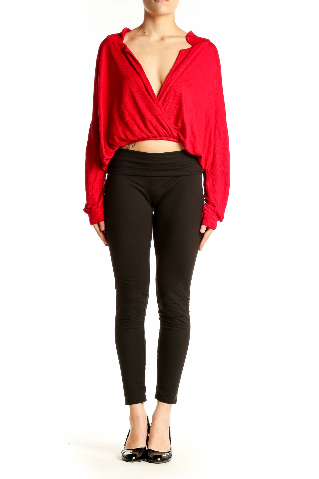 Front view of red wrap-style cropped hoodie from Free People Beach