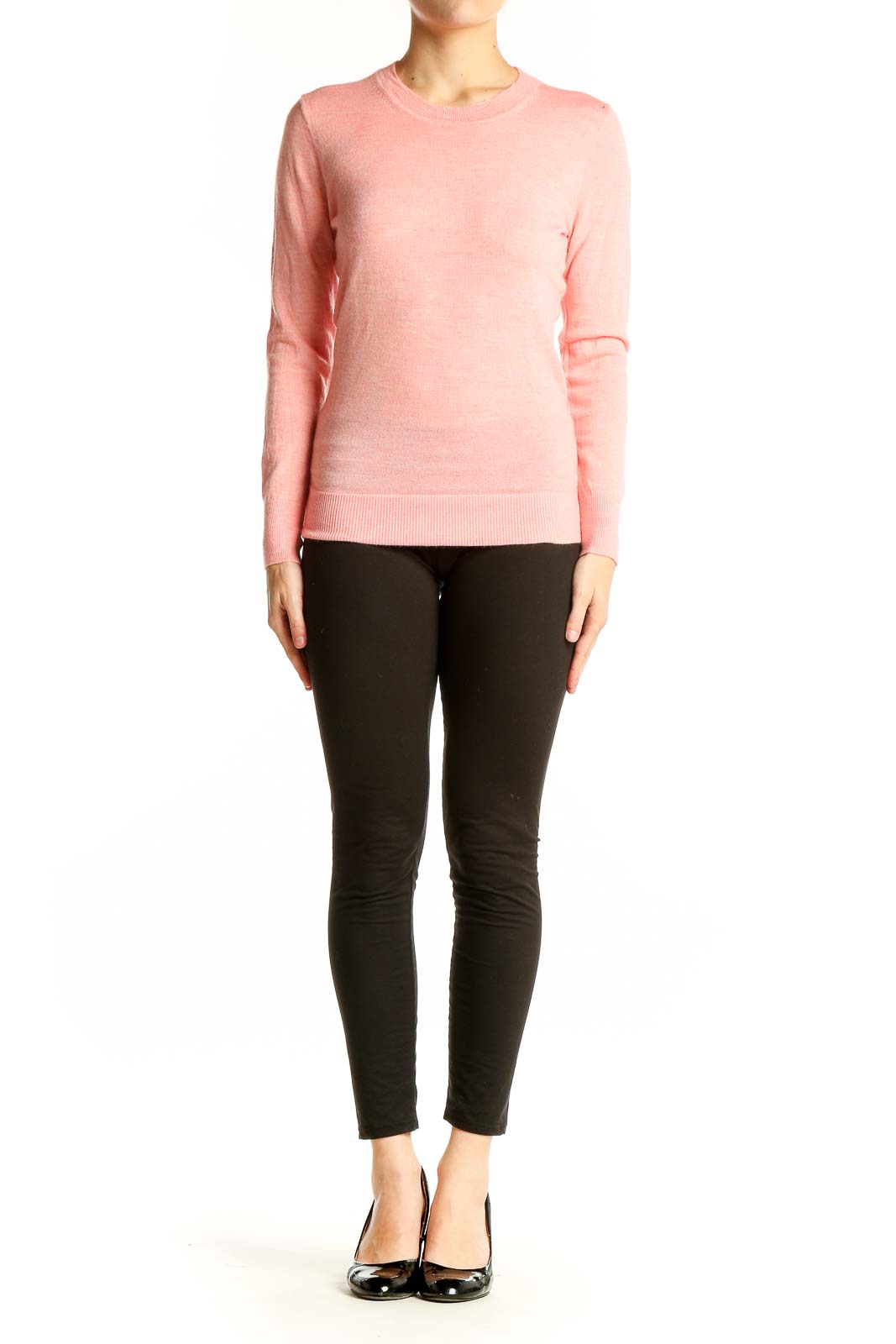 Front view of J.Crew pink cashmere crewneck sweater on model