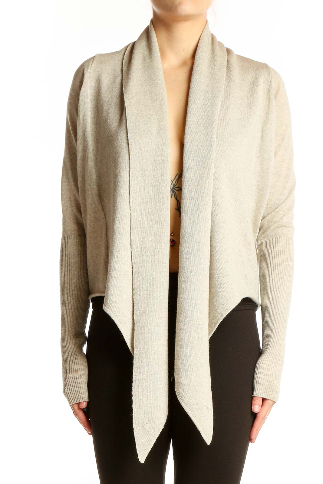 Front view of AllSaints beige Merino wool draped cardigan