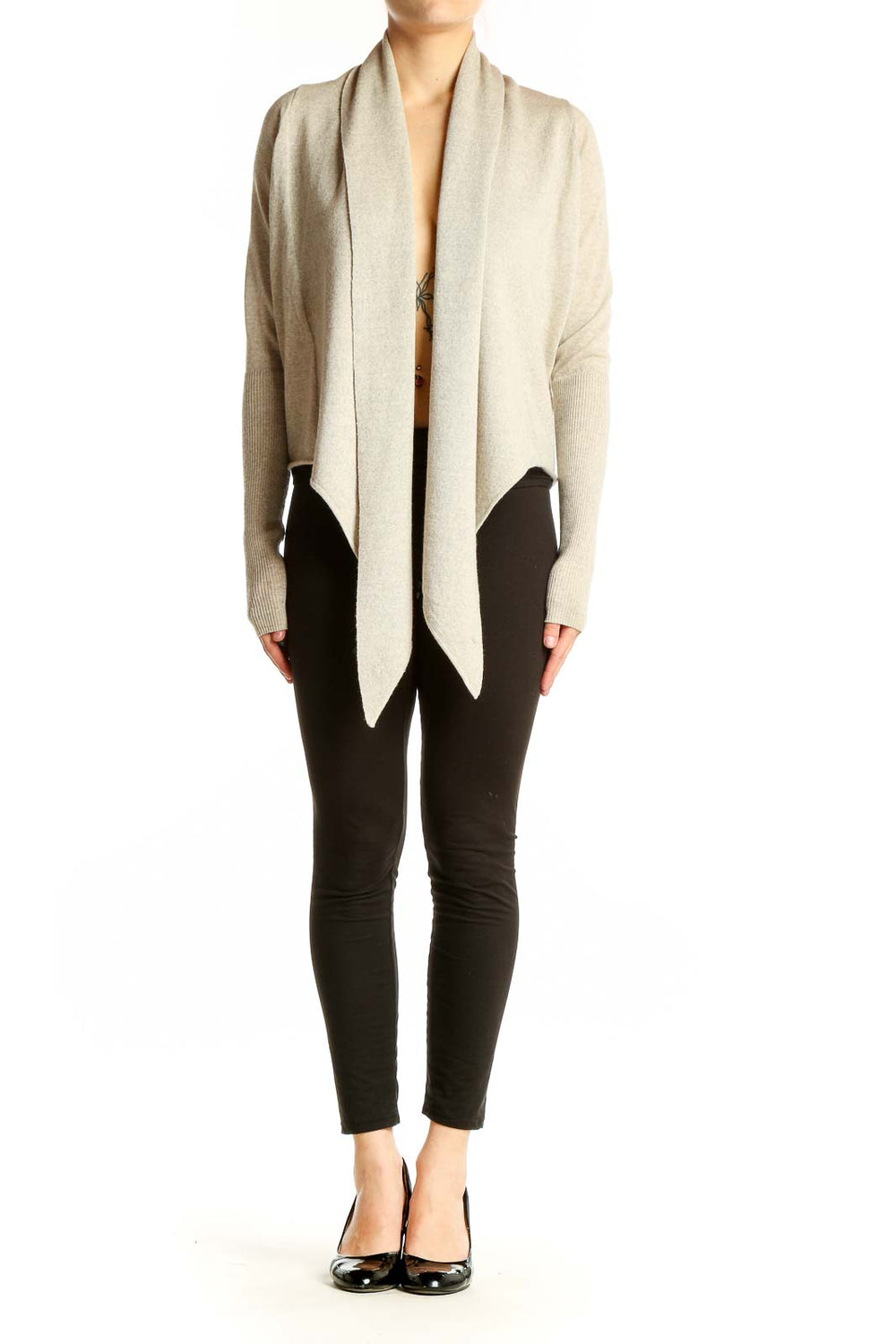 Front view of AllSaints beige Merino wool draped cardigan