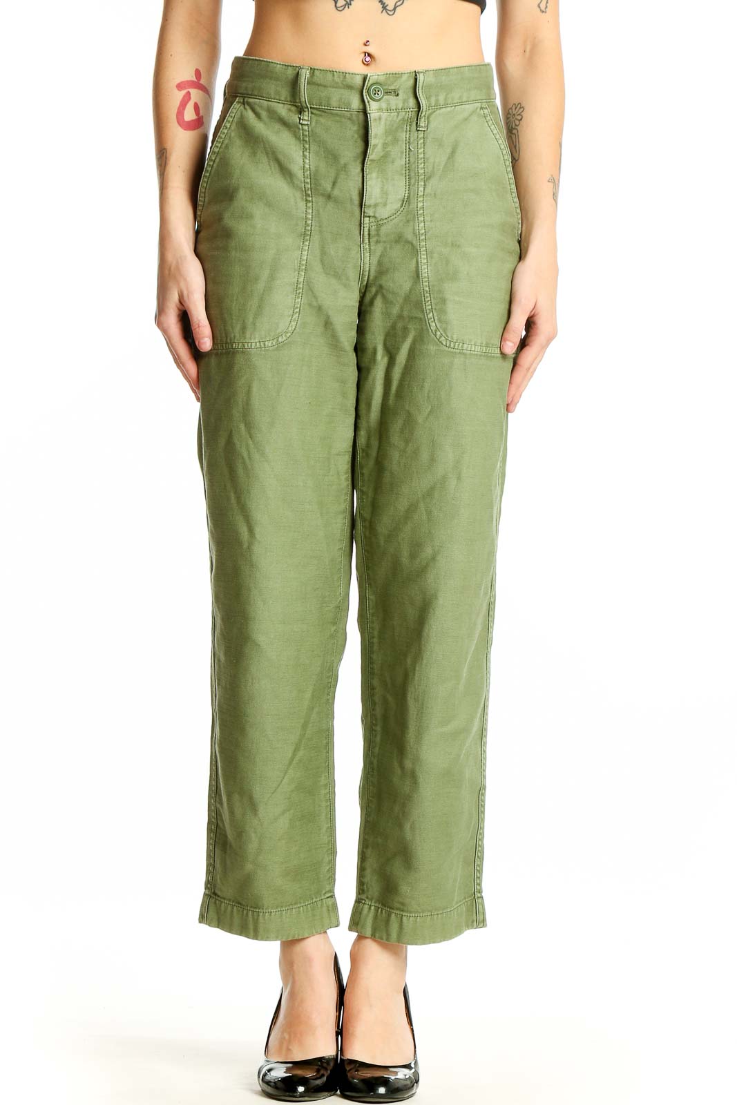 Front view of olive green J.Crew utility pants with patch pockets