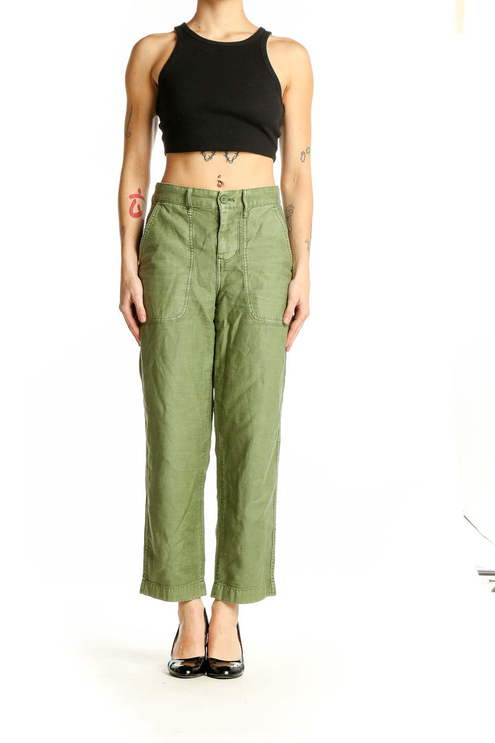 Front view of olive green J.Crew utility pants with patch pockets