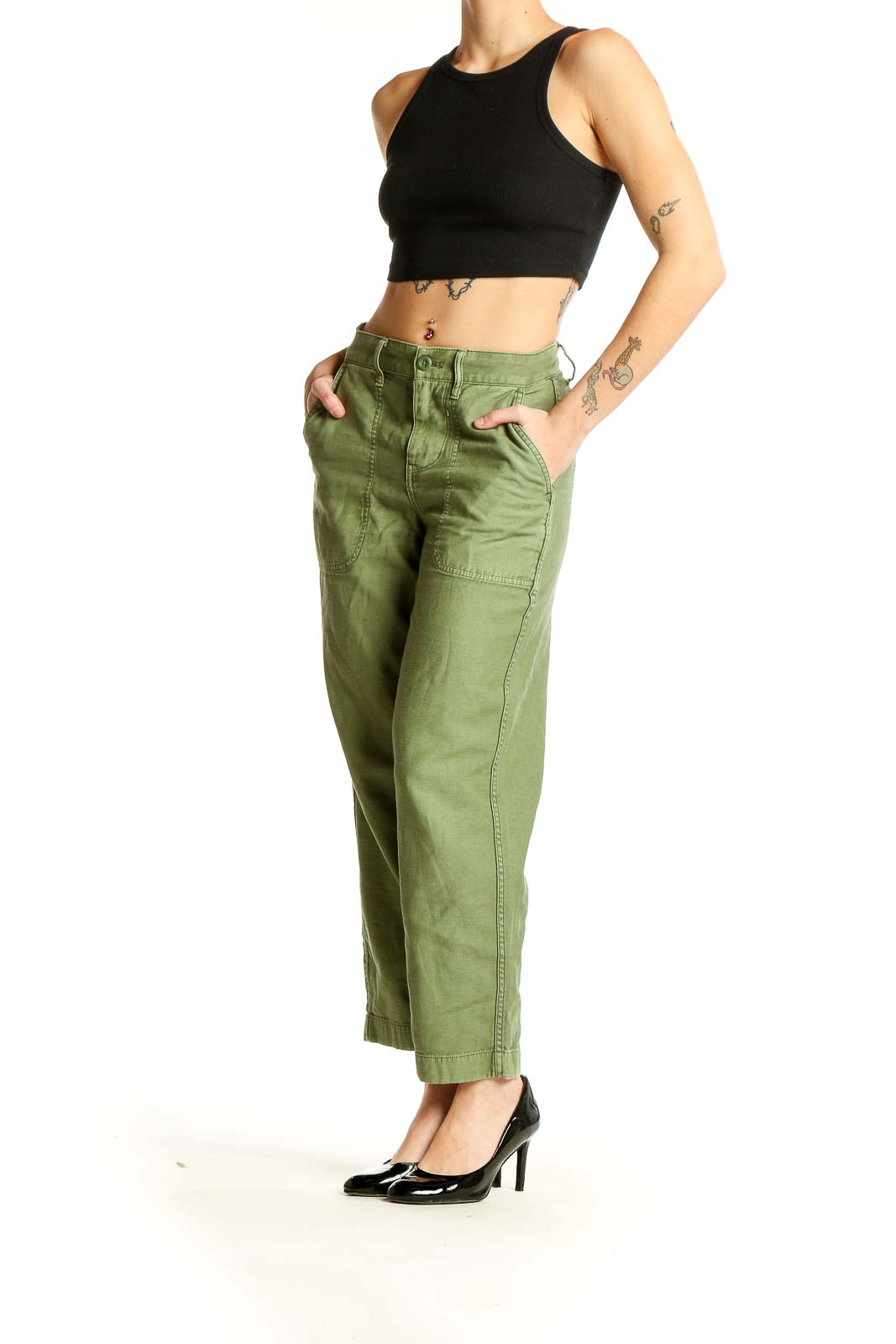 Front view of olive green J.Crew utility pants with patch pockets