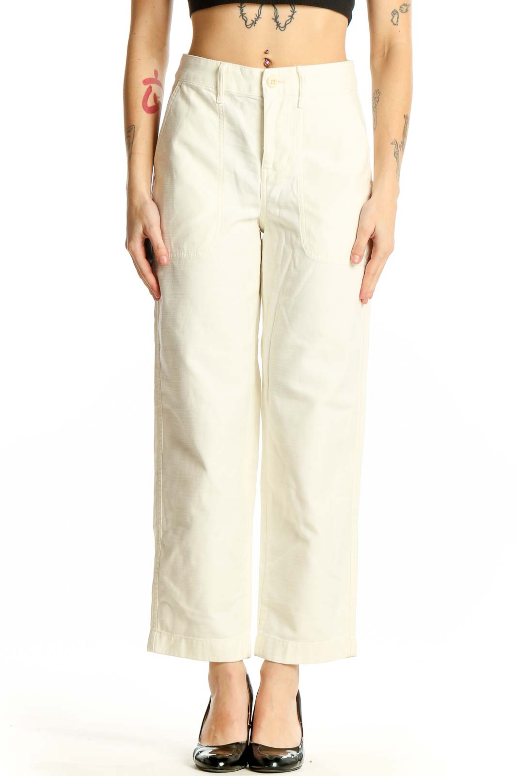 Front view of J.Crew cream cotton wide-leg trousers on model