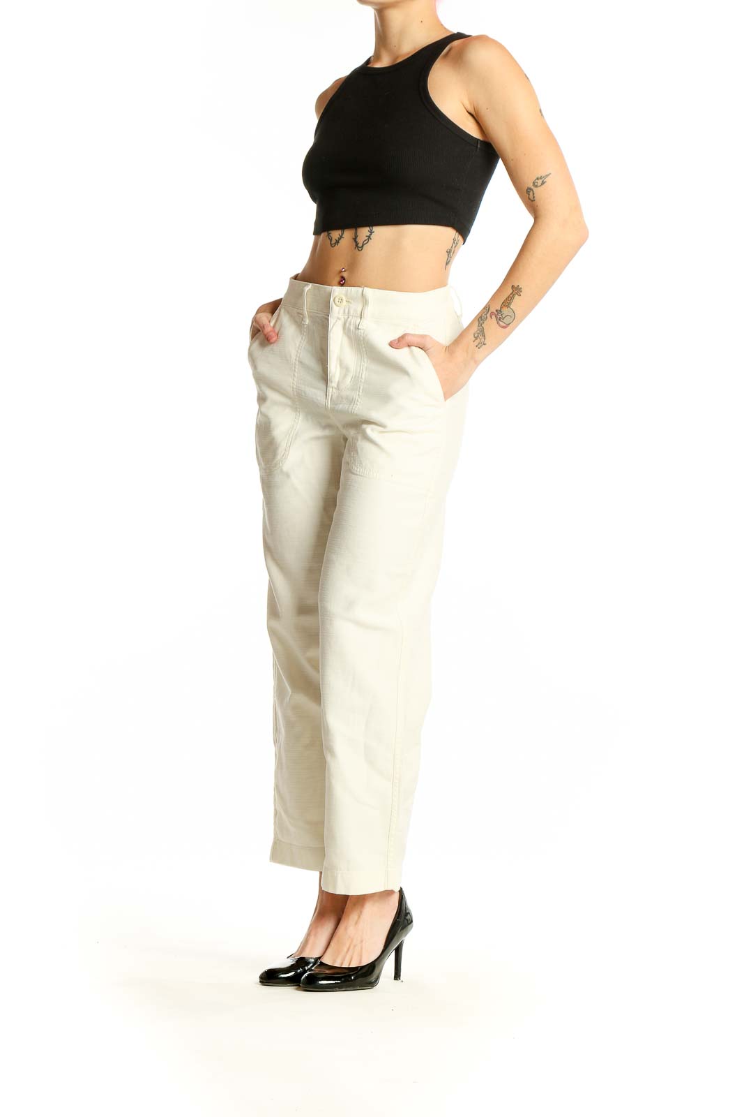 Front view of J.Crew cream cotton wide-leg trousers on model