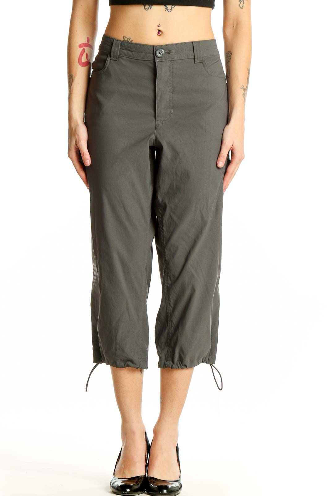 Front view of olive green Eddie Bauer capri pants with side pockets