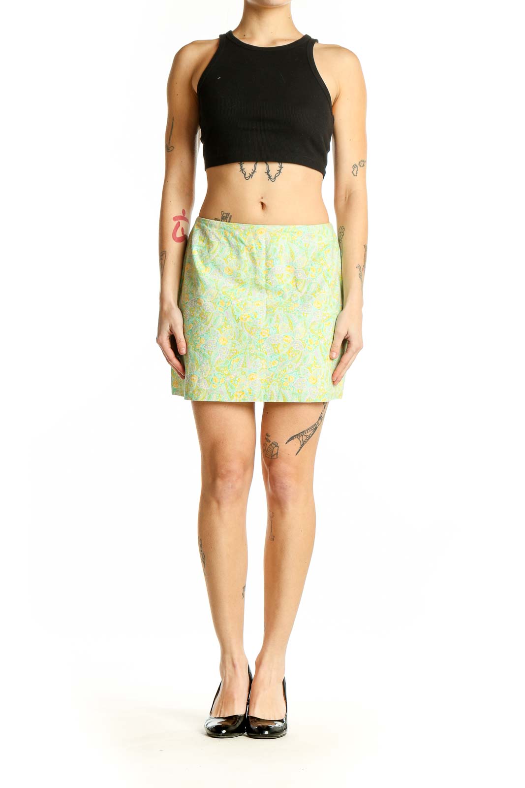 Front view of Thoshanna pastel green floral mini skirt