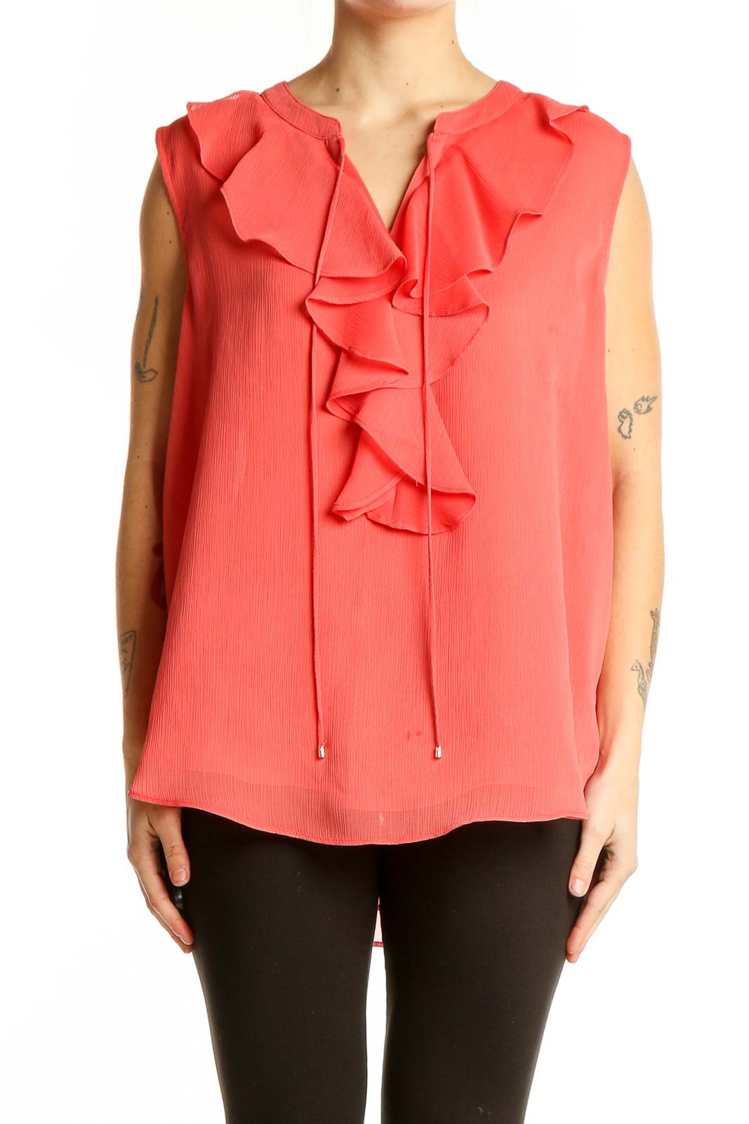 Front view of coral Tommy Hilfiger sleeveless blouse with ruffled neckline