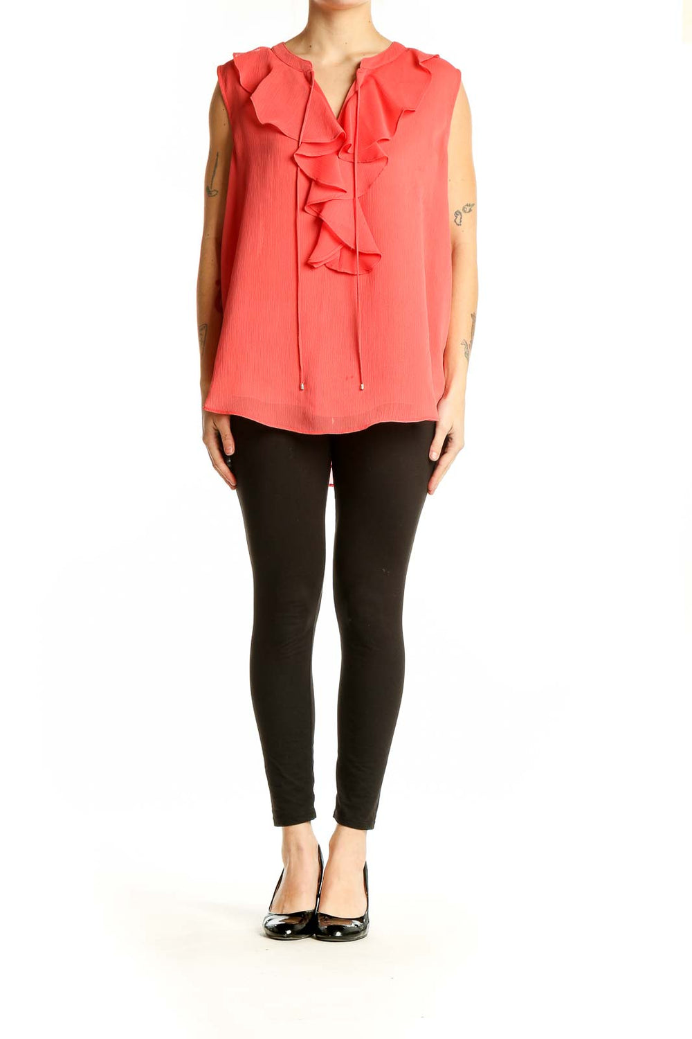 Front view of coral Tommy Hilfiger sleeveless blouse with ruffled neckline