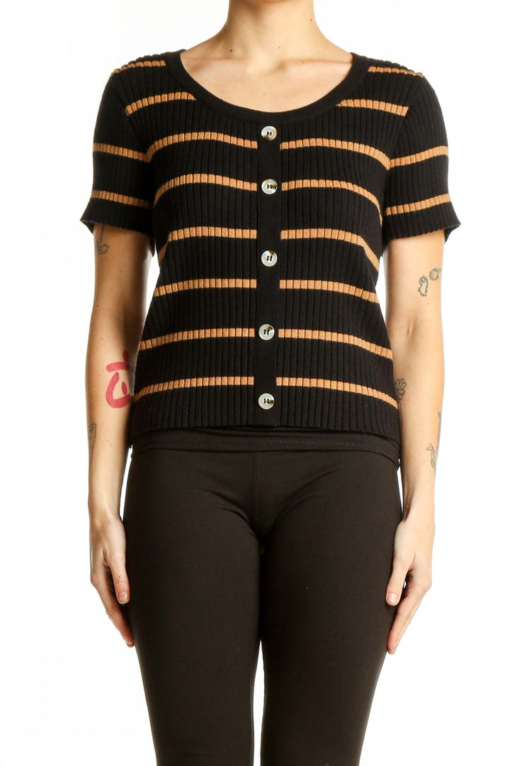 Front view of SilkRoll Black and Tan Striped Button-Up Knit Top