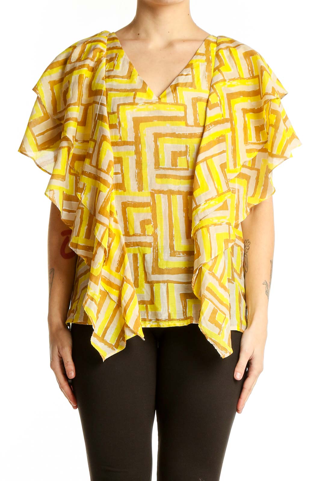 Front view of Sugarlips Yellow Geometric Print Ruffled Blouse with V-neckline