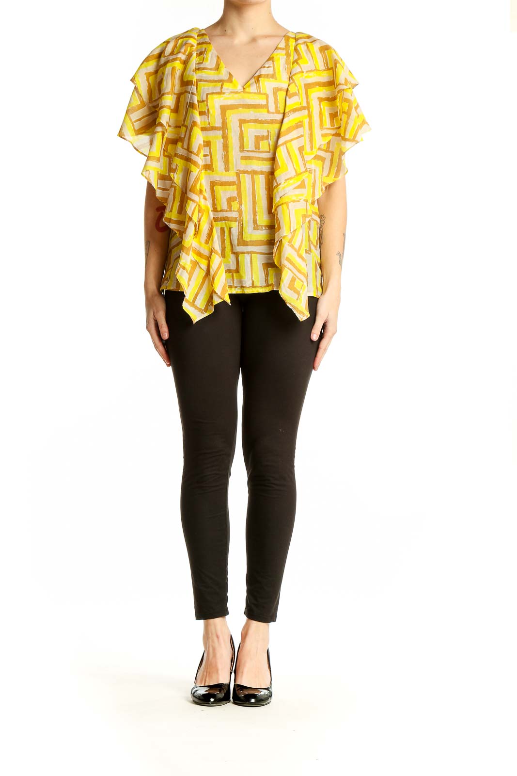 Front view of Sugarlips Yellow Geometric Print Ruffled Blouse with V-neckline