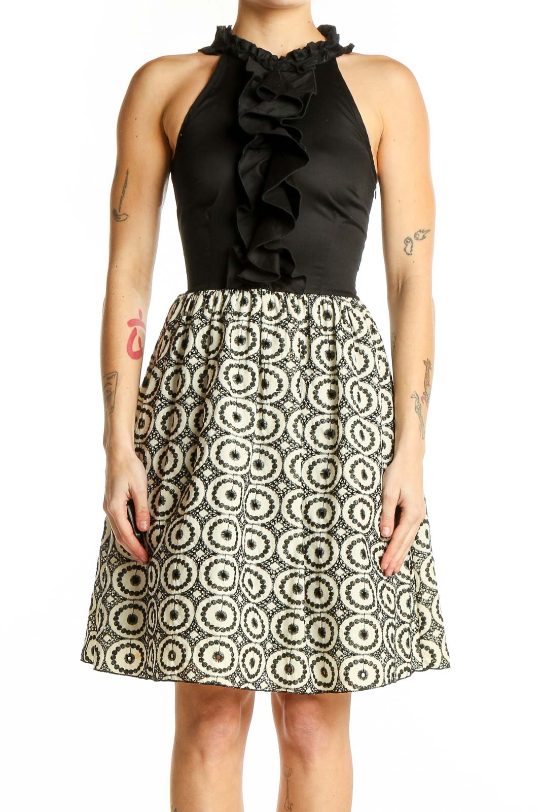 Front view of Weston Wear Black and White Geometric Print Halter Dress with ruffled neckline