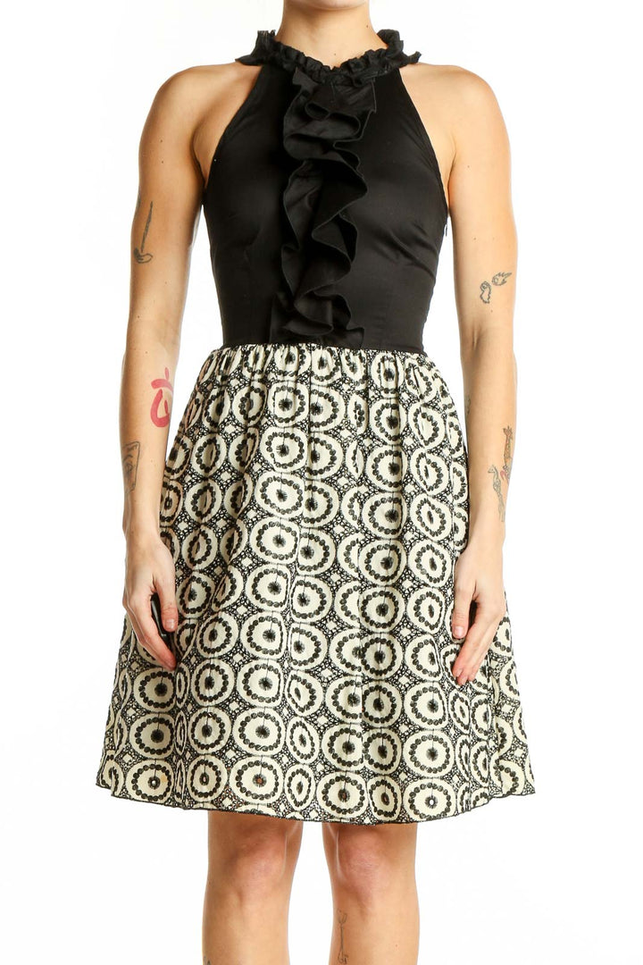 Front view of Weston Wear Black and White Geometric Print Halter Dress with ruffled neckline