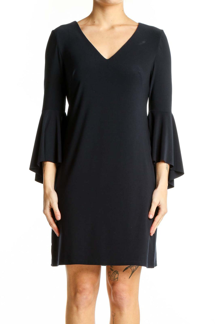 Front view of black Polo Ralph Lauren dress with bell sleeves and V-neckline