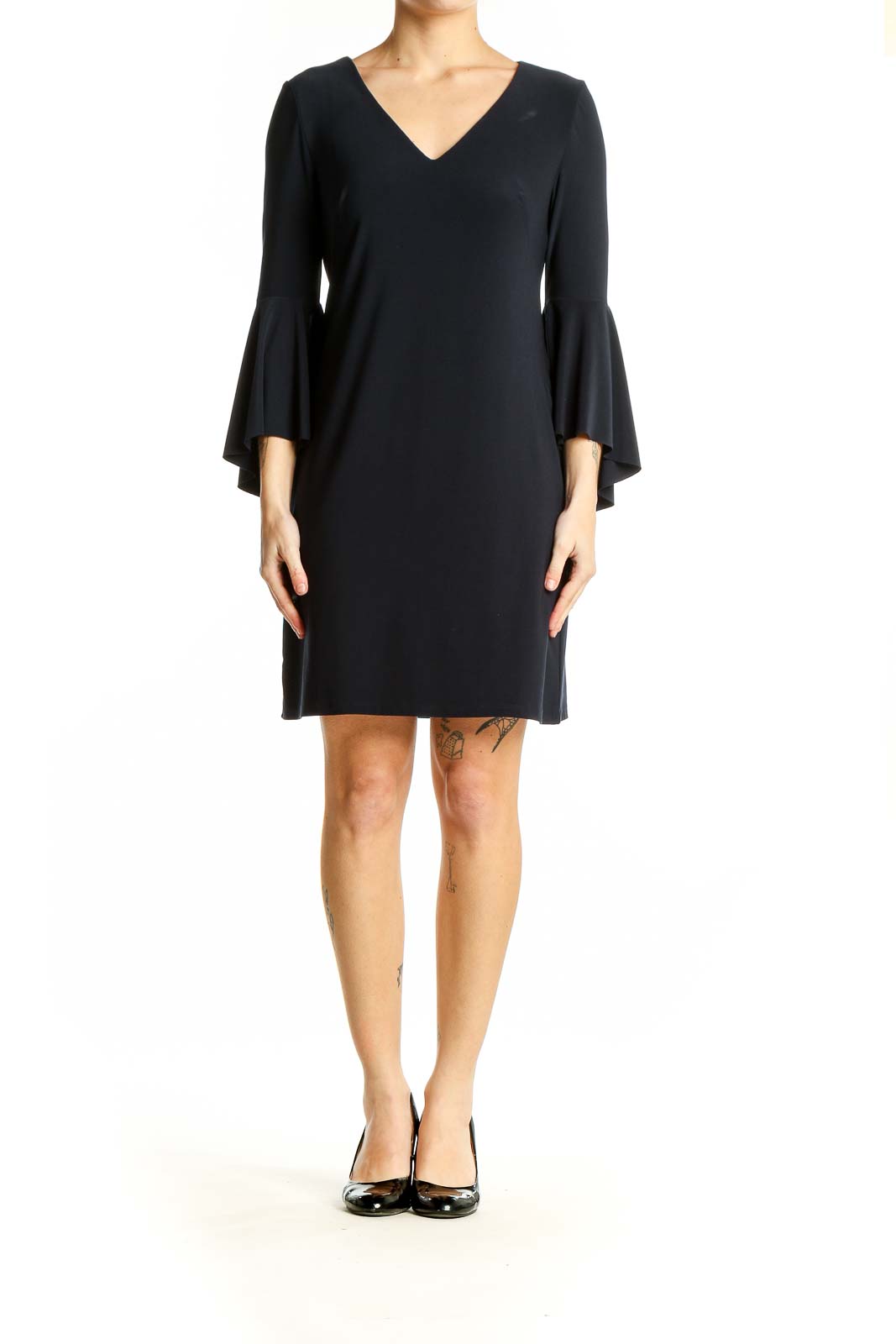 Front view of black Polo Ralph Lauren dress with bell sleeves and V-neckline