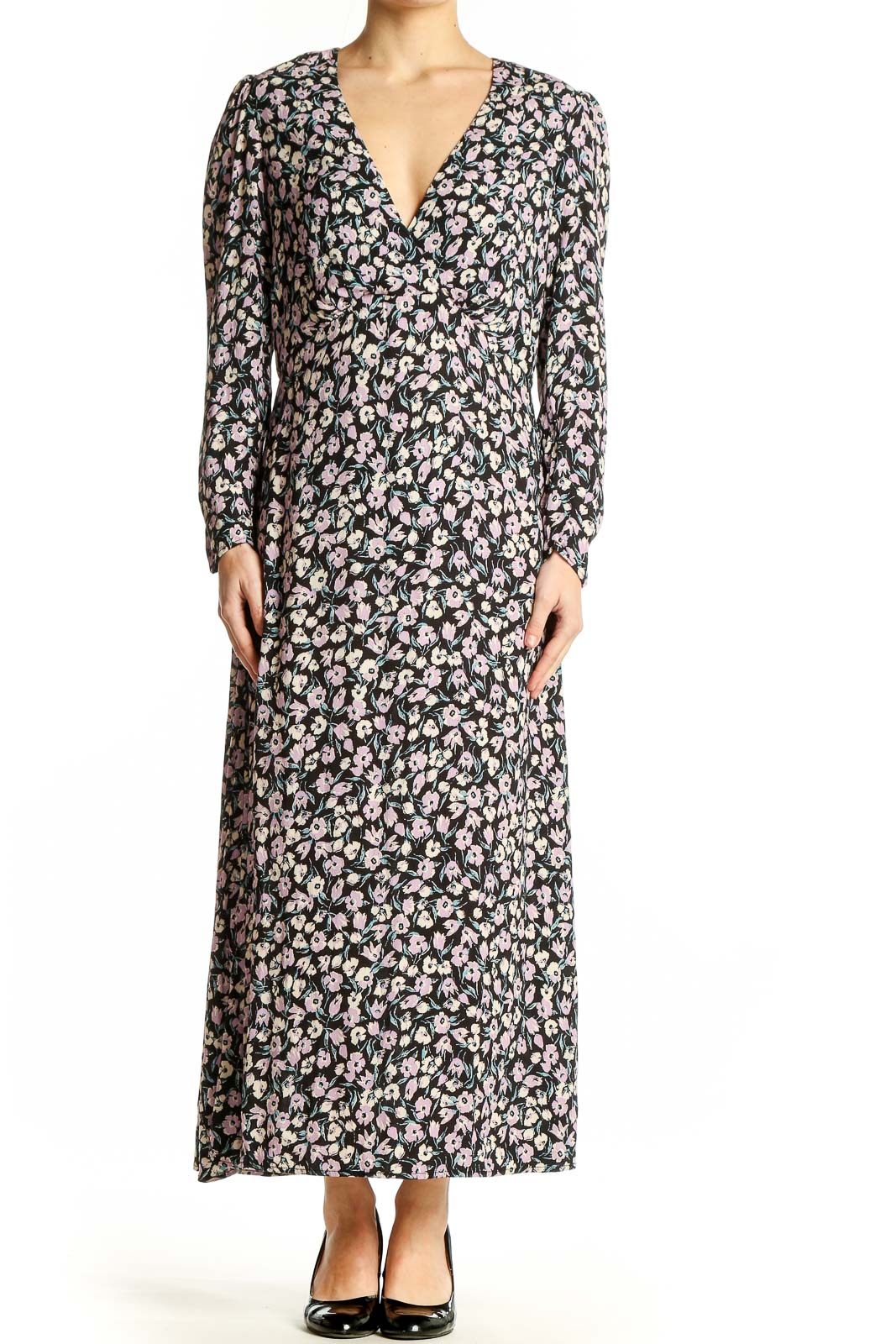 Front view of Mango black floral long sleeve maxi dress