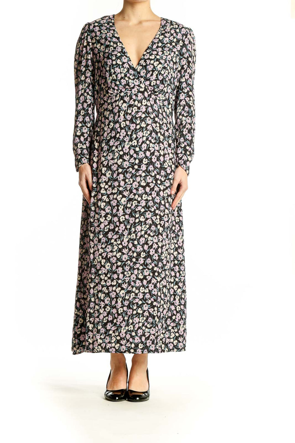 Front view of Mango black floral long sleeve maxi dress