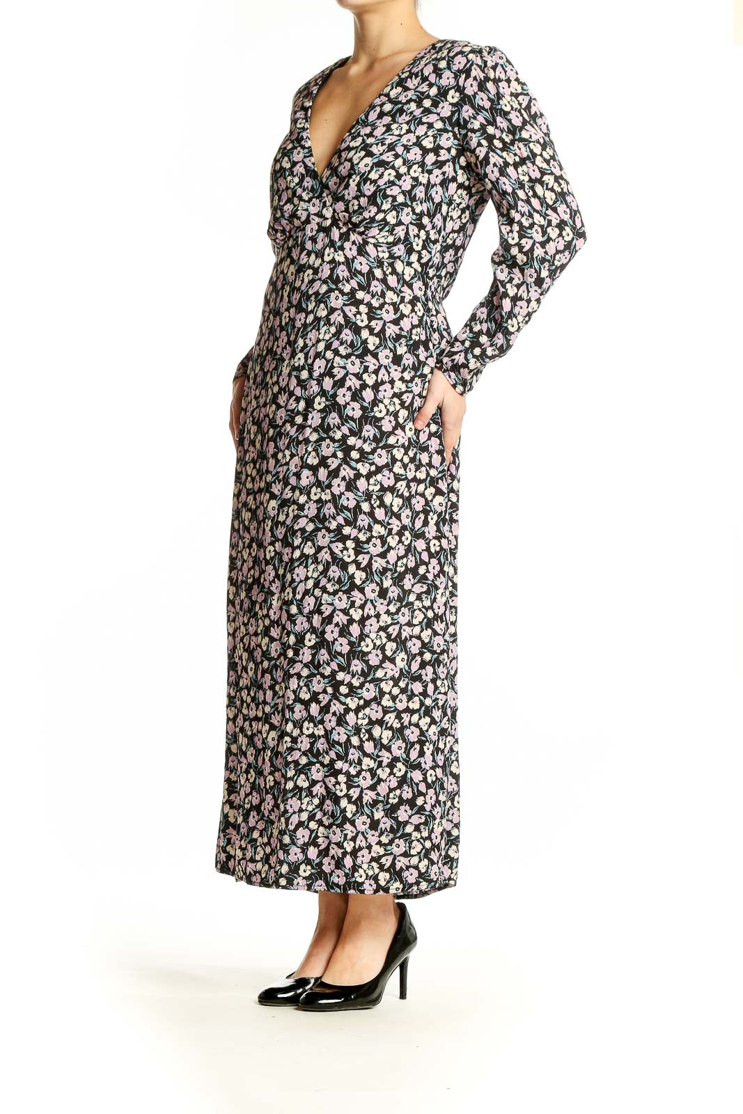 Front view of Mango black floral long sleeve maxi dress