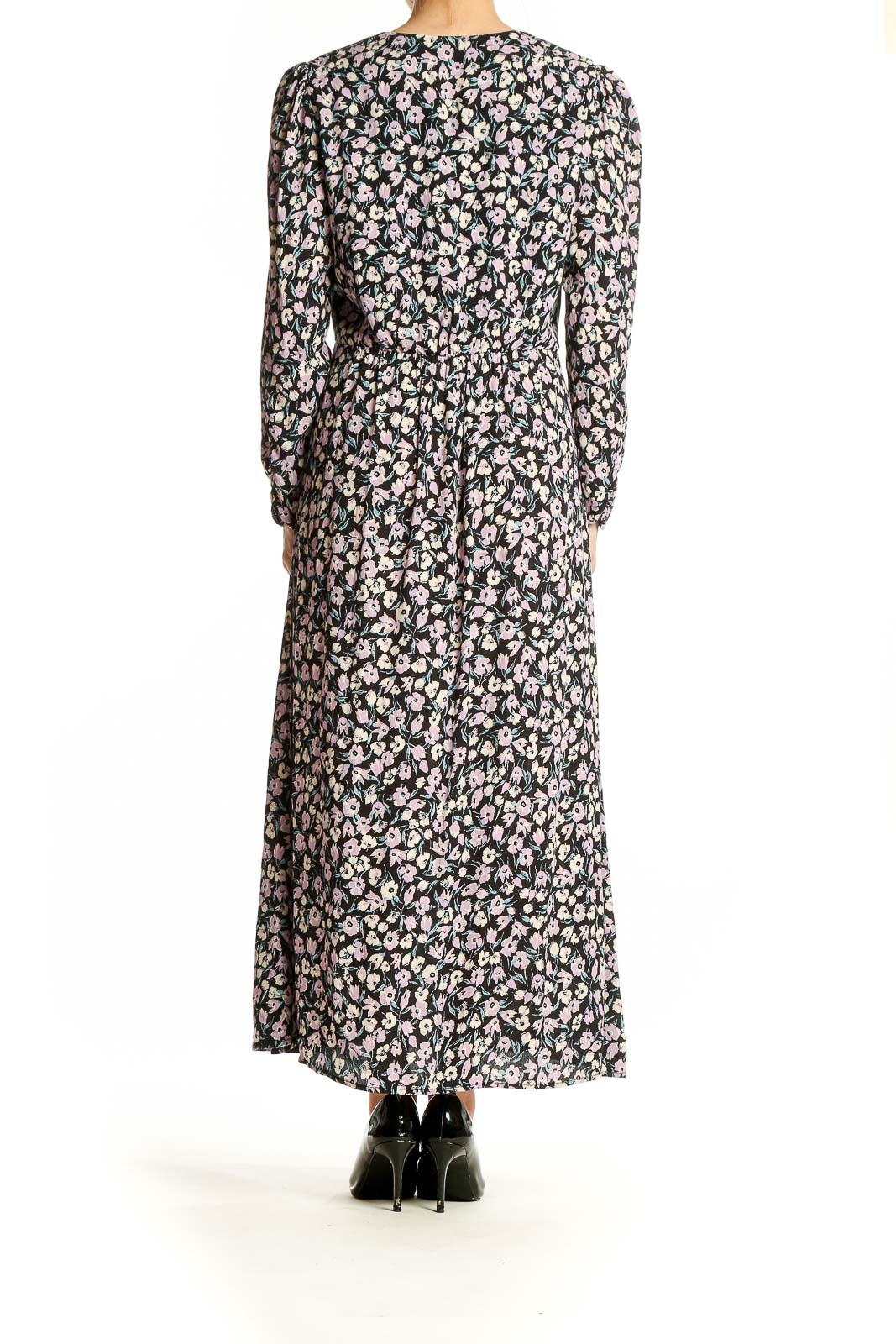 Side view of Mango black floral long sleeve maxi dress