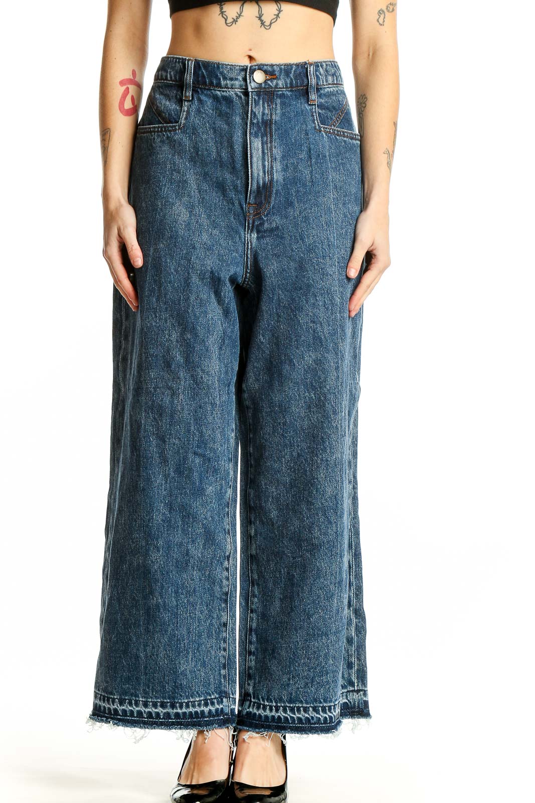 Front view of Joie blue wide-leg denim jeans with high waist and raw hem