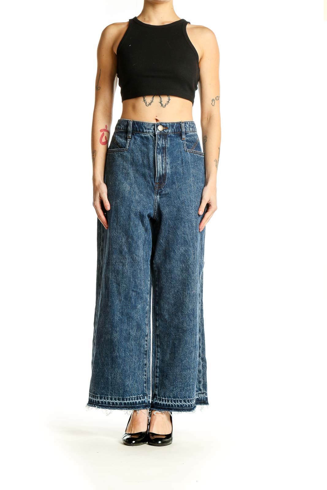 Front view of Joie blue wide-leg denim jeans with high waist and raw hem