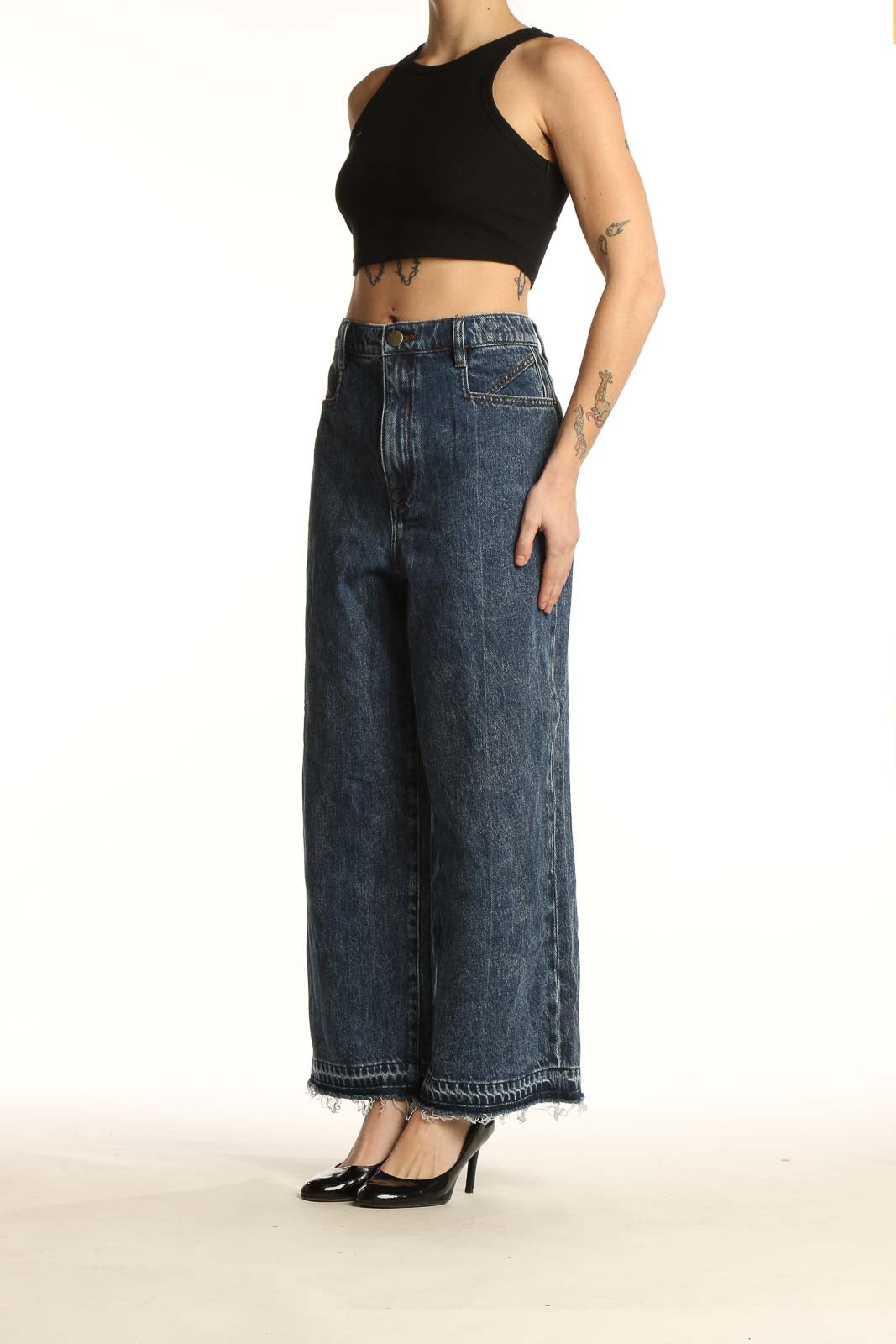 Front view of Joie blue wide-leg denim jeans with high waist and raw hem