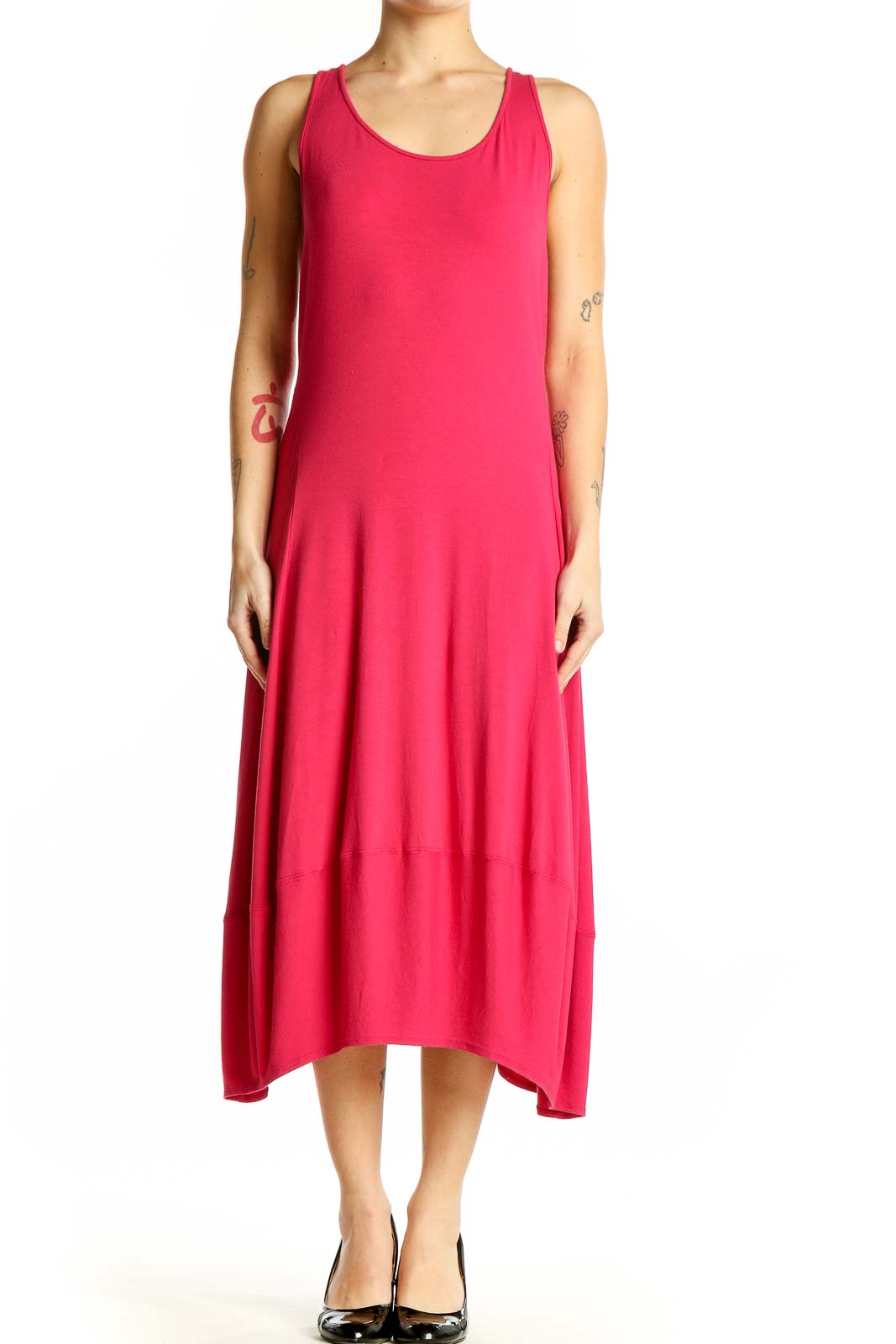 Front view of Eileen Fisher pink sleeveless midi dress