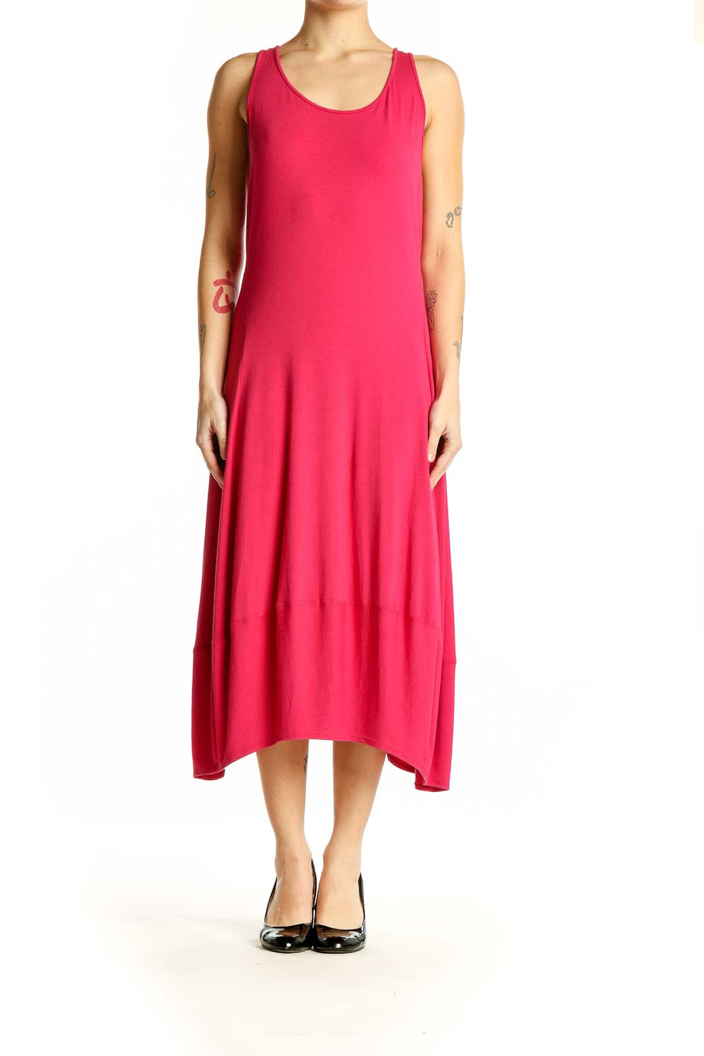 Front view of Eileen Fisher pink sleeveless midi dress