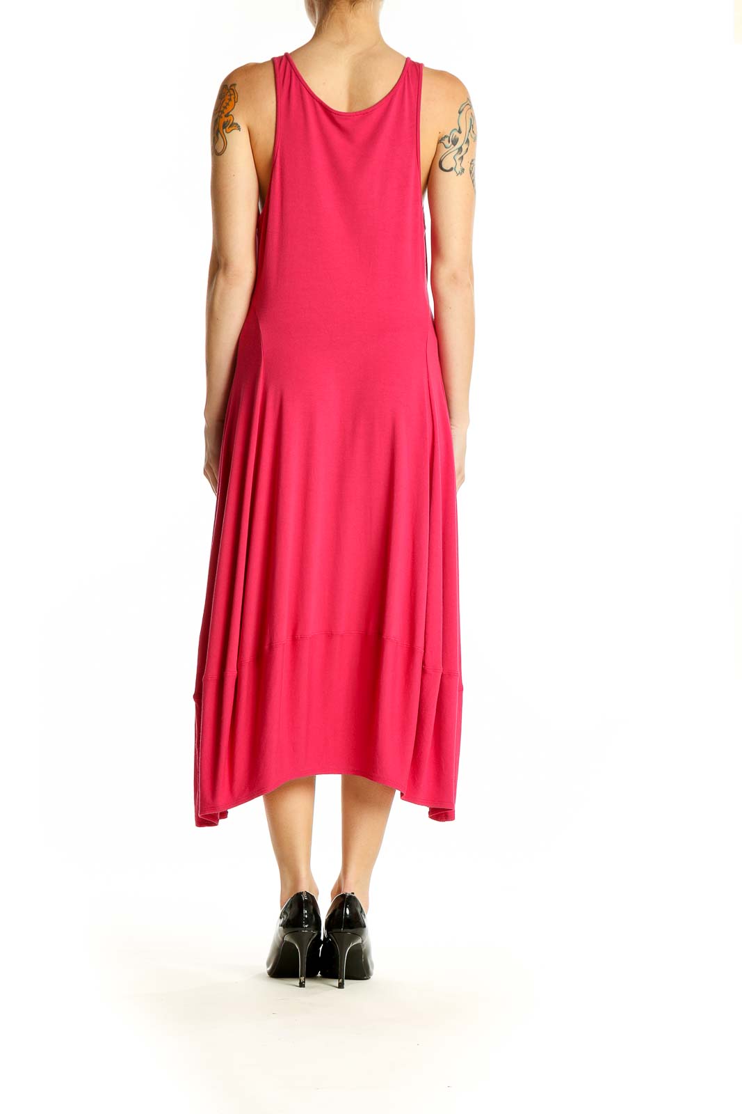 Side view of Eileen Fisher pink sleeveless midi dress