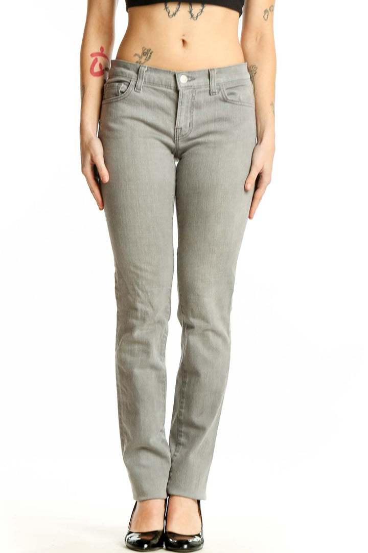 Front view of J Brand gray slim fit stretch denim jeans