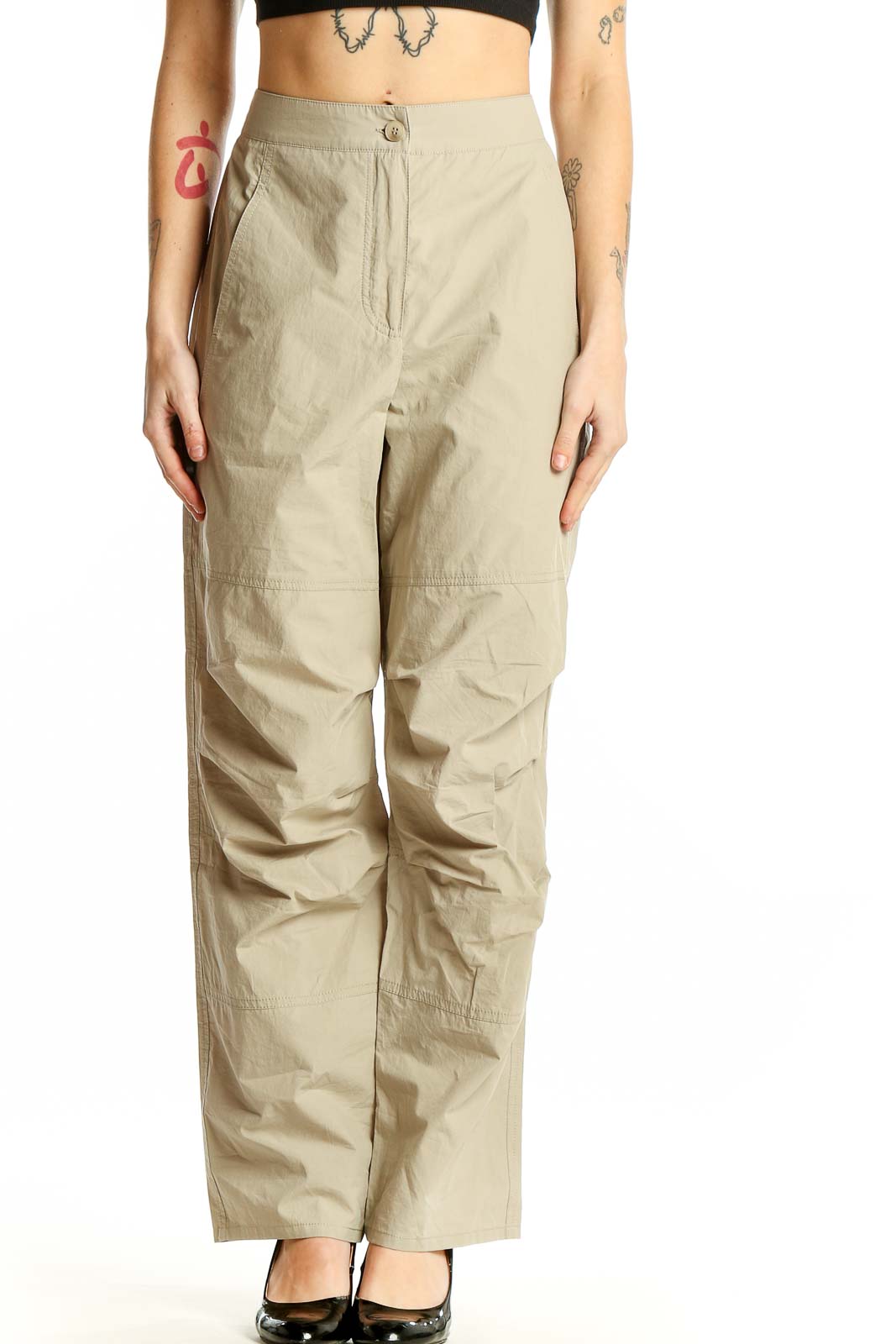 Front view of Ruti beige cotton high-waisted wide-leg pants