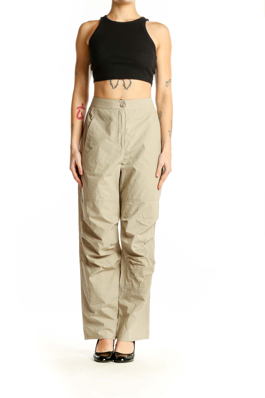 Front view of Ruti beige cotton high-waisted wide-leg pants