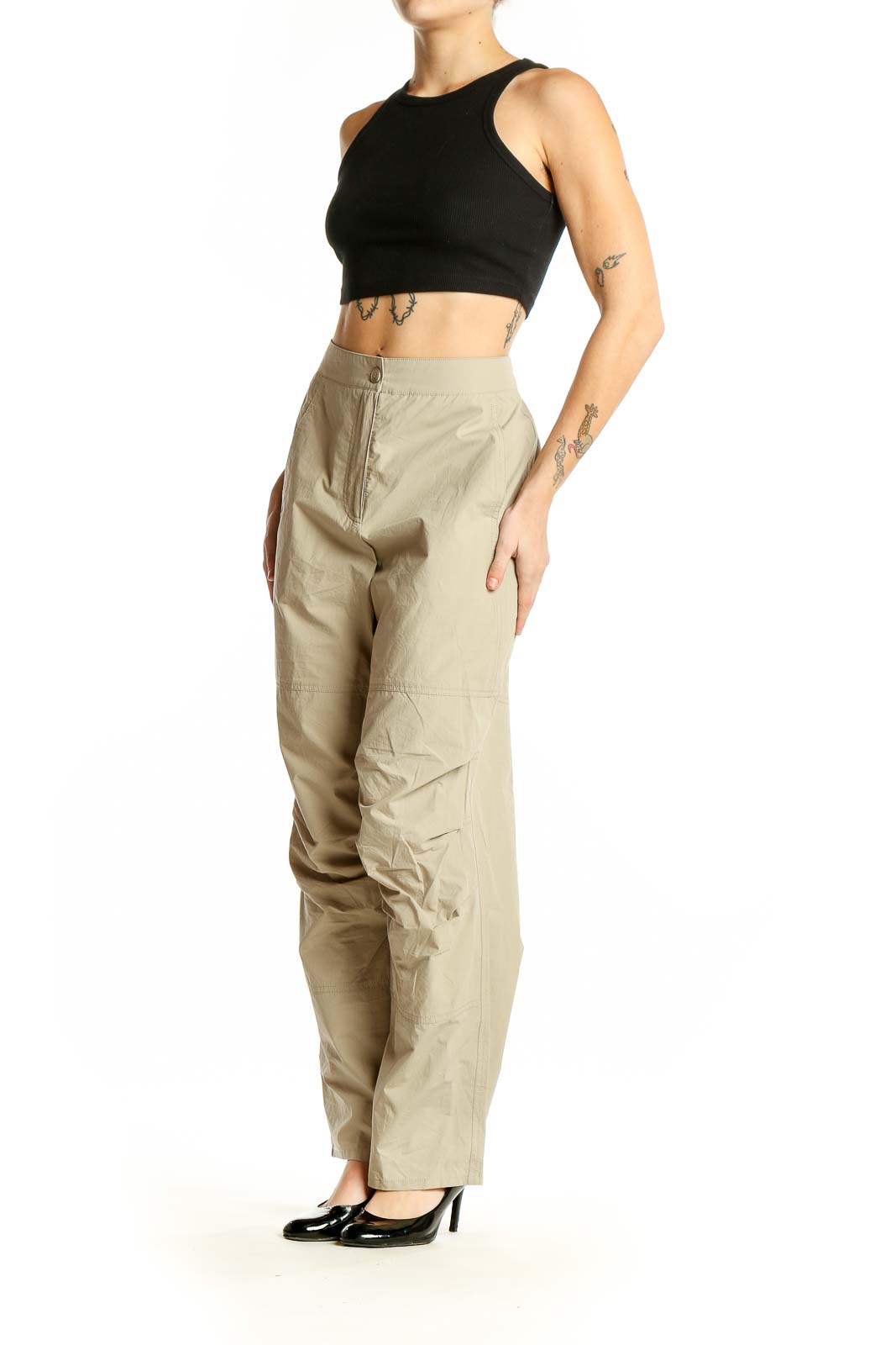 Front view of Ruti beige cotton high-waisted wide-leg pants