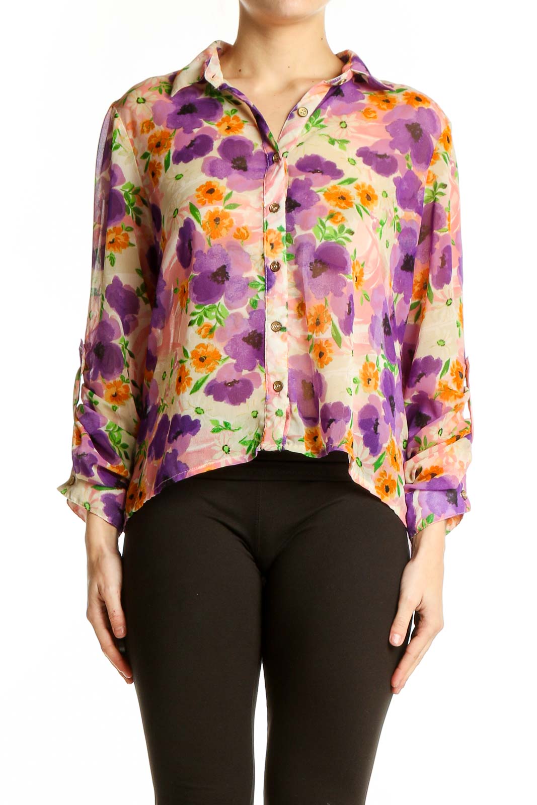 Front view of Band of Gypsies purple floral button-down blouse