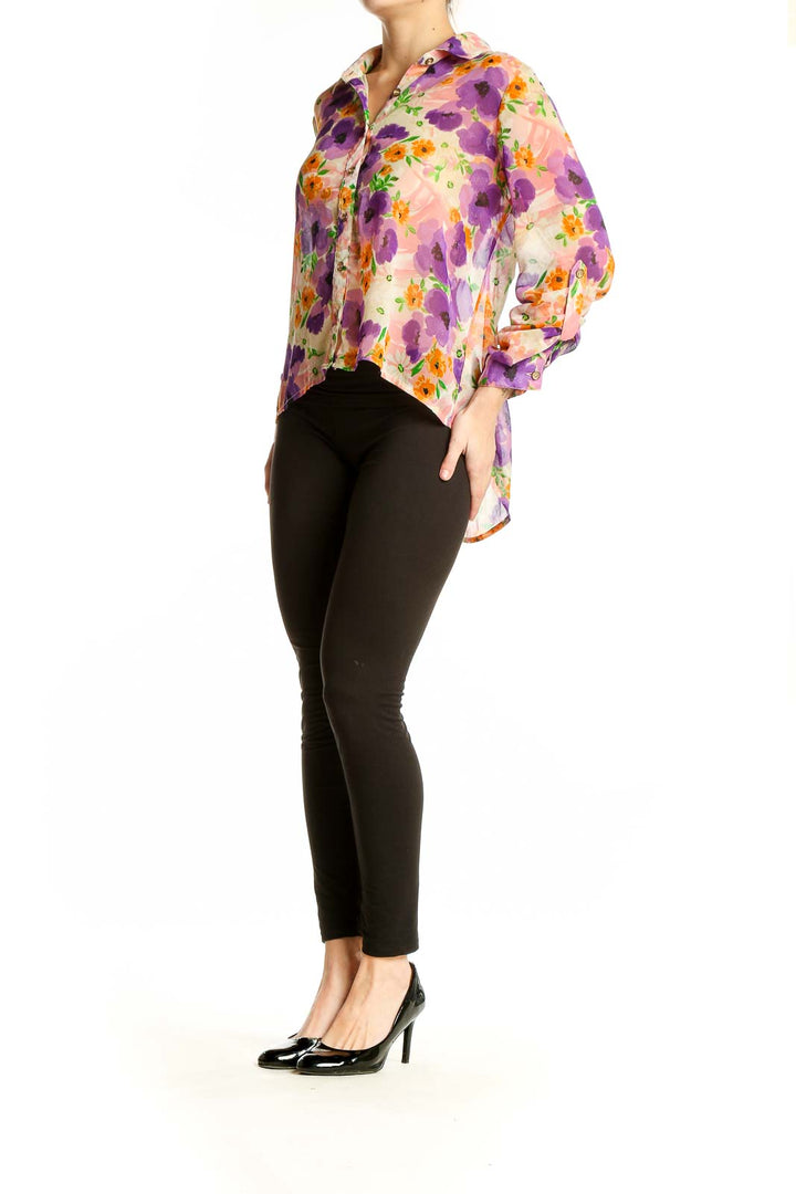 Front view of Band of Gypsies purple floral button-down blouse