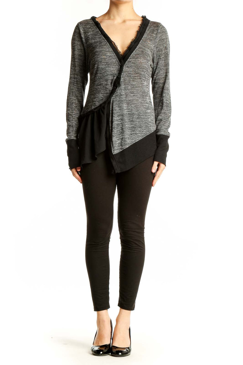 Front view of Meadow Rue gray asymmetrical wrap cardigan with frayed edges