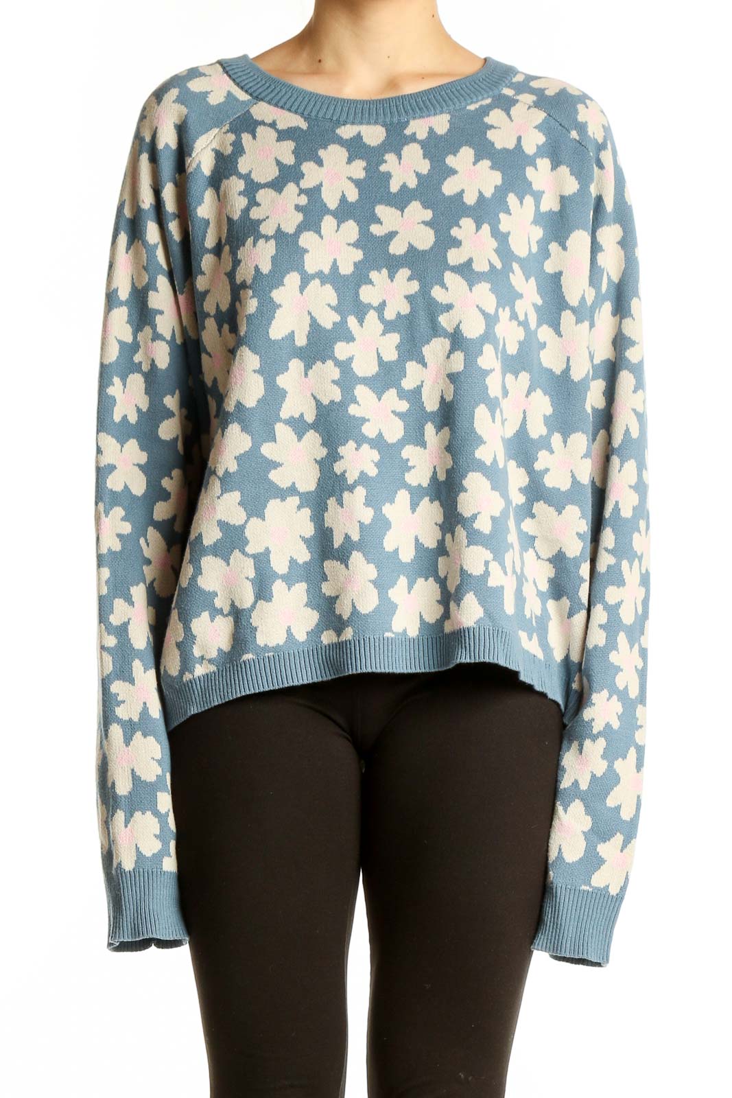 Front view of Spiritual Gangster blue floral knit sweater with cream-colored flower pattern