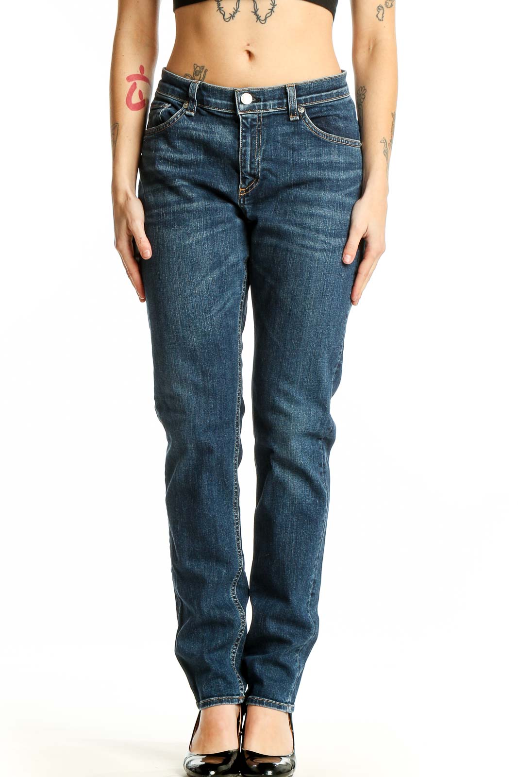 Front view of Rag & Bone blue straight leg jeans on model