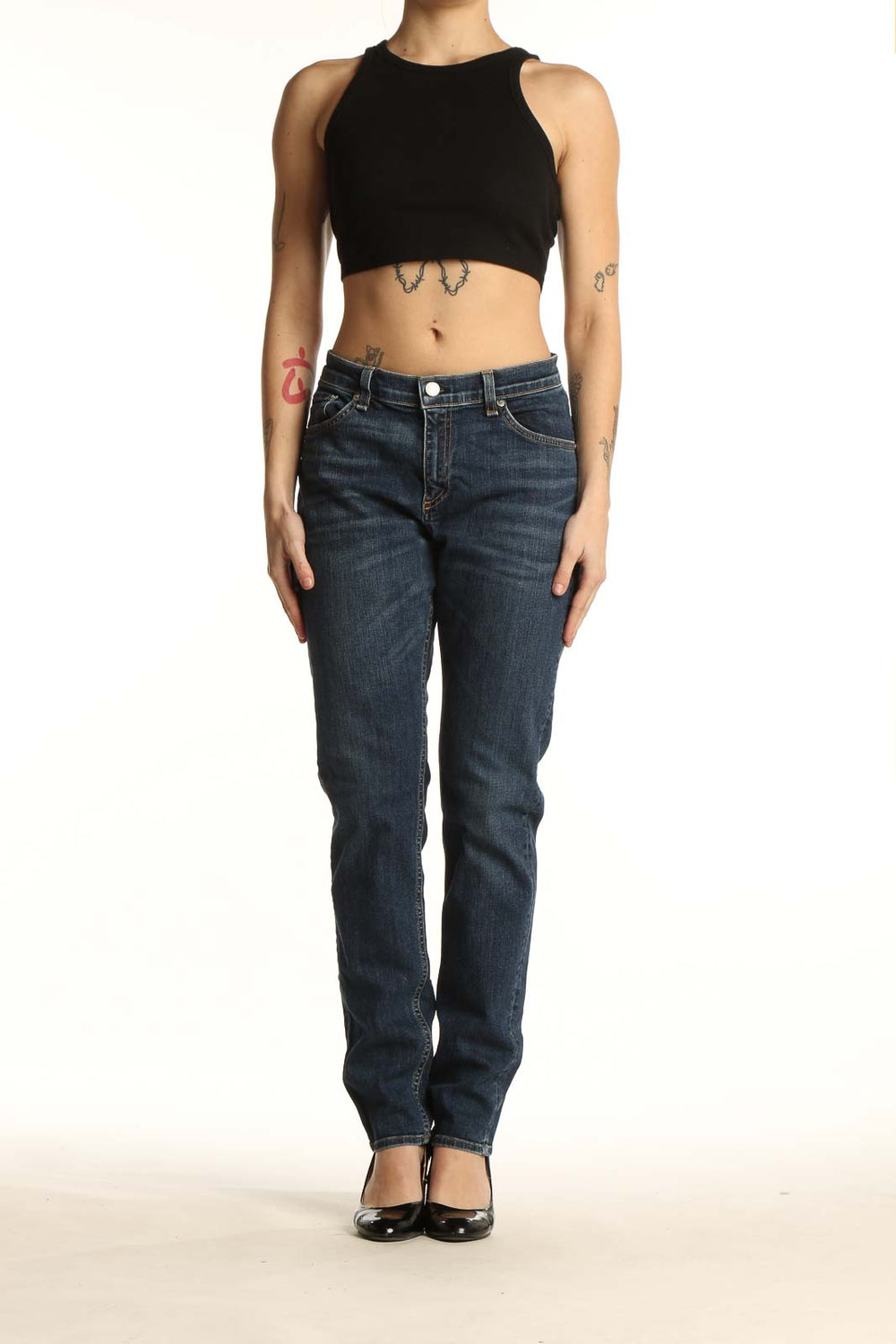 Front view of Rag & Bone blue straight leg jeans on model