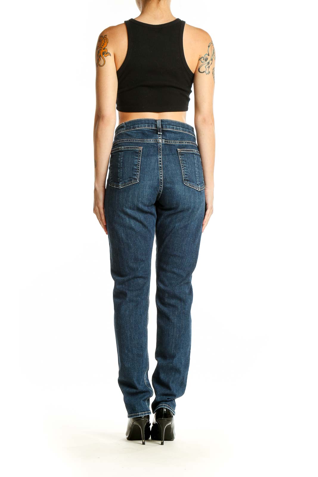 Back view of Rag & Bone blue straight leg jeans on model