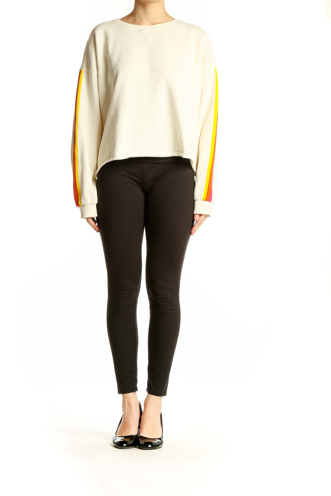 Front view of Marine Layer cream cropped sweatshirt with rainbow stripes on sleeves