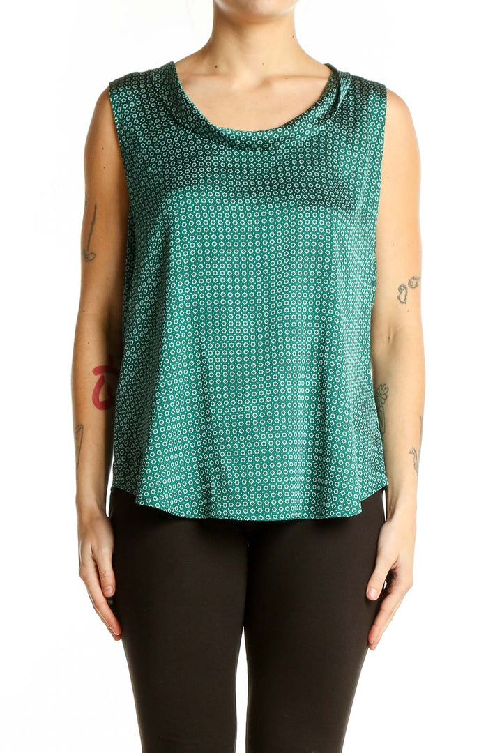 Front view of Ann Taylor green geometric print sleeveless blouse